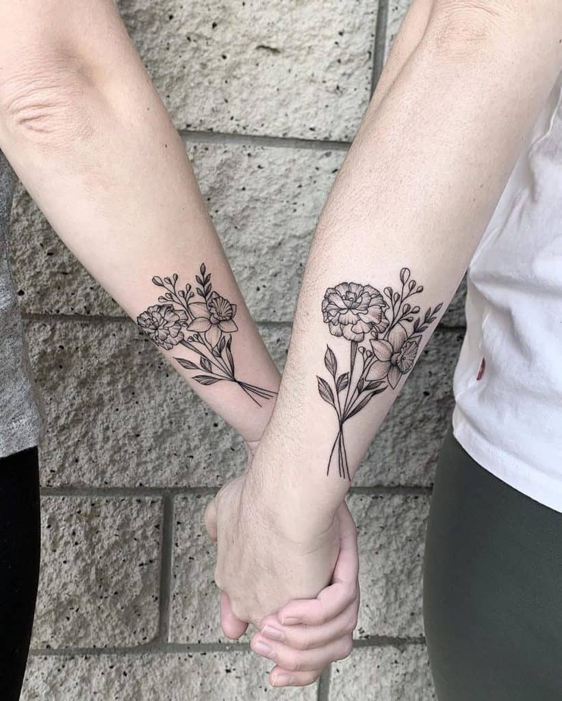 Matching Pair Of Daffodil Bunch Linework Tattoos