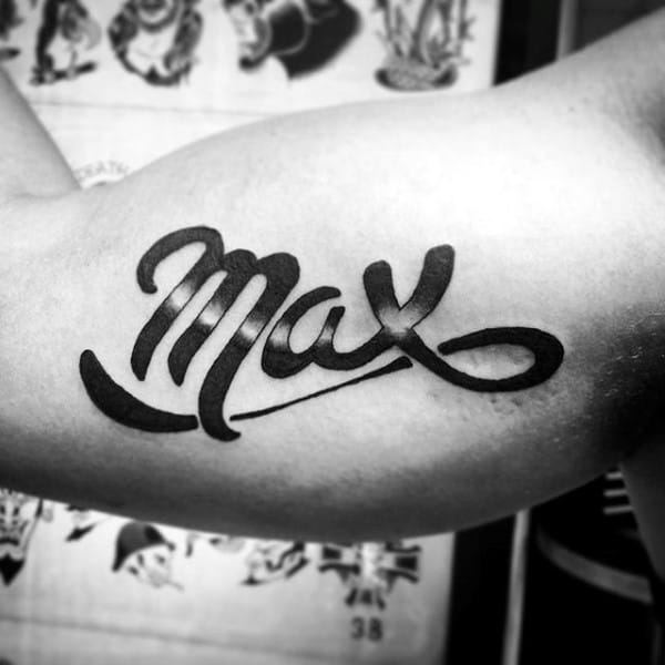 Max Shaded Name Bicep Tattoo On Male