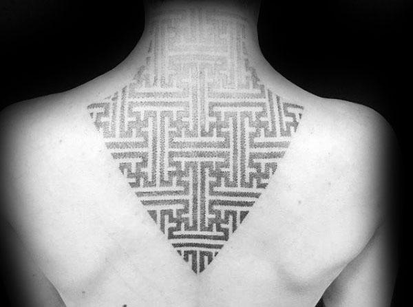 Maze Pointillism Pattern Guys Upper Back Tattoos
