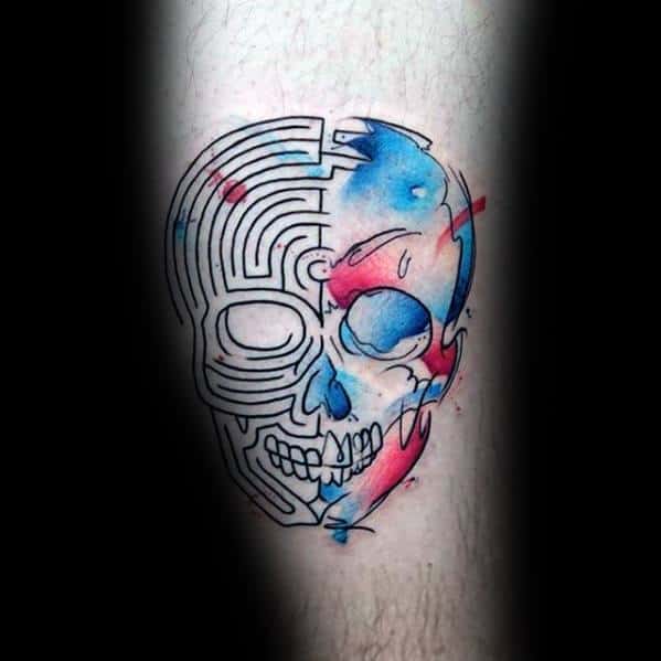Maze Skull Artsy Guys Blue And Red Ink Watercolor Tattoo On Leg