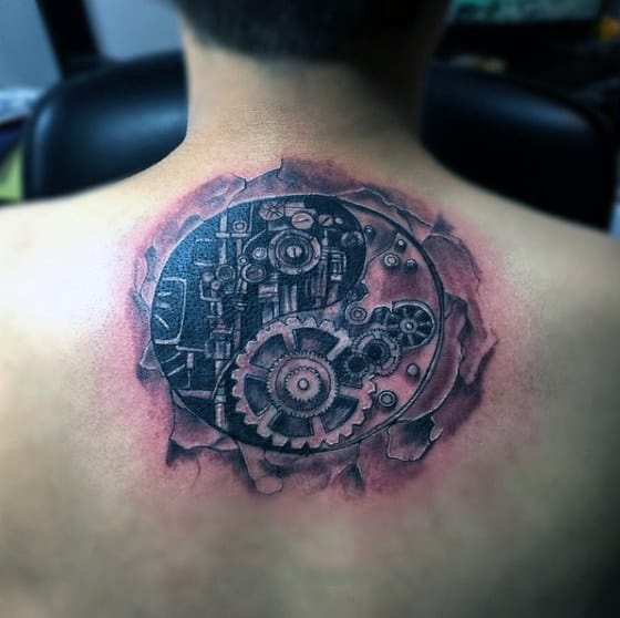 Mechanical Gear Tattoo Yin Yang For Men On Back