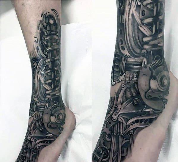 Mechanical Gears Guys 3d Sweet Leg And Foot Tattoo With Realistic Design