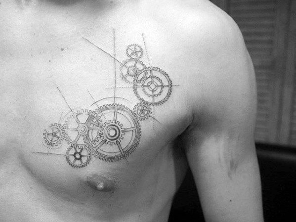 Mechanical Gears Unique Chest Tattoo Ideas For Males