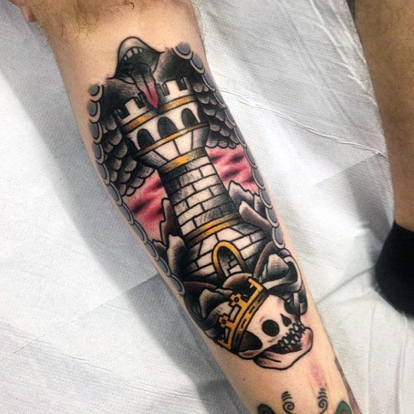 Medieval Castle Tattoo With King Crown Skull Tattoo For Guys On Forearm
