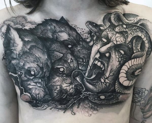 Medusa Against Cerberus Mens Upper Chest Tattoo Designs