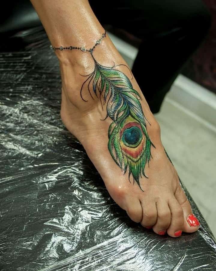 Mega Foot Color Peacock Feather Tattoo