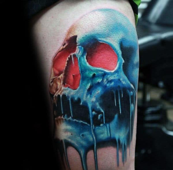 Melting Blue Skull Detailed Tattoos For Men On Thigh