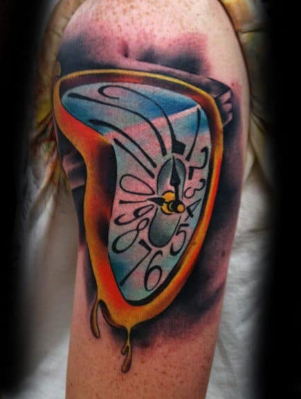 Melting Clock With Shaded Background Male Arm Tattoos