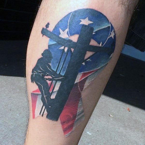Memeorial Usa Flag Ribbon Mens Lineman Leg Tattoo