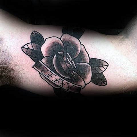 Memorial Black Rose Male Tattoos With Banner On Arm