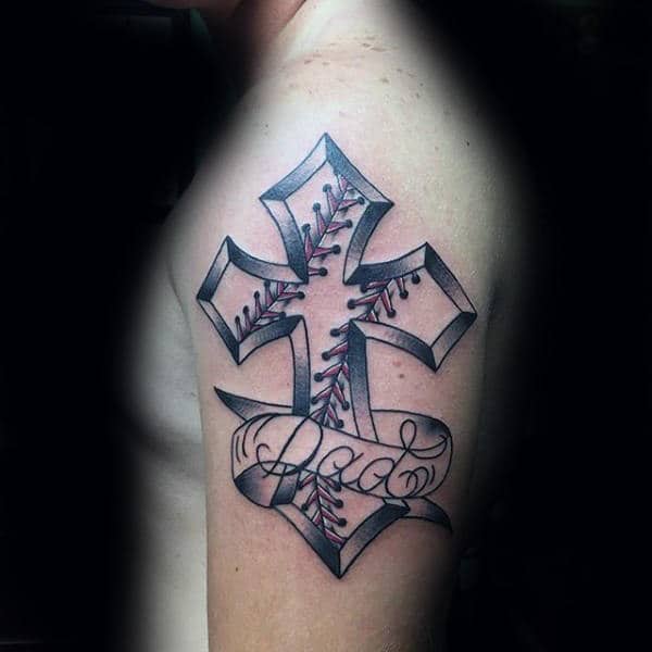 memorial-dad-baseball-cross-mens-upper-arm-tattoos