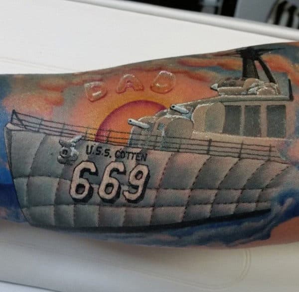 Memorial Dad Navy Tattoos For Men On Arm With Uss Cotton Ship