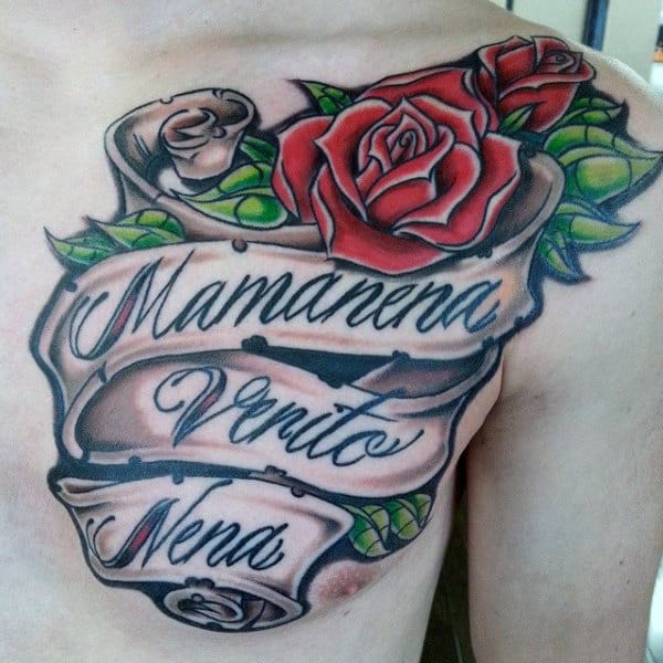 Memorial Scroll With Rose Flower Mens Chest Tattoos
