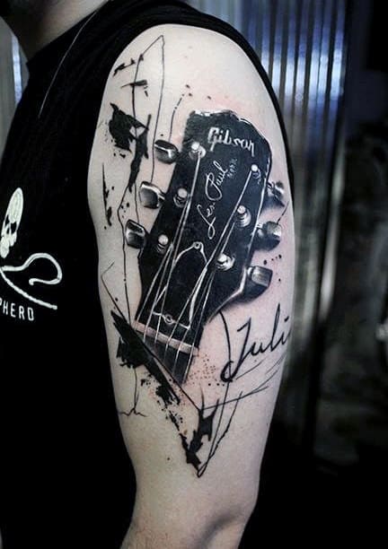 Men Arms Black Guitar Head Tattoo