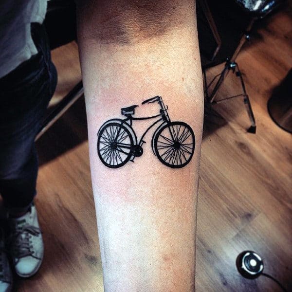 Men Dark Black Bicycle Tattoo On Forearms