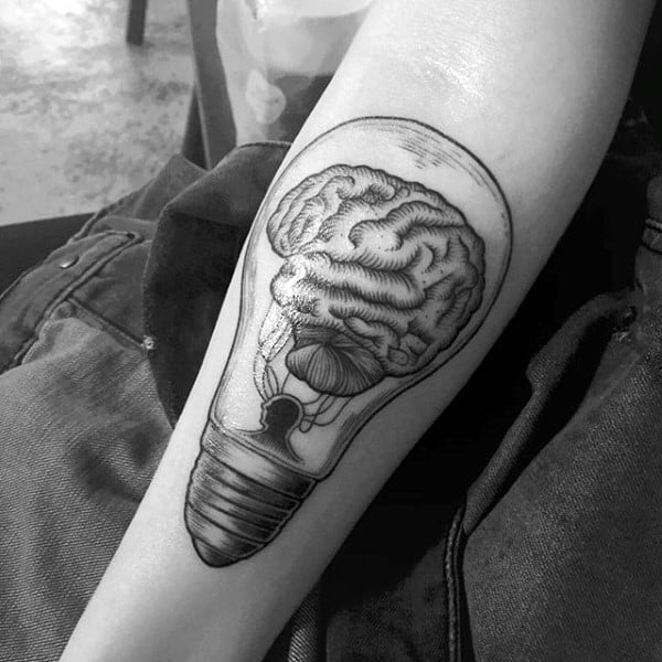 Men Forearm Grey Brain Inside Grey Bulb Tattoo