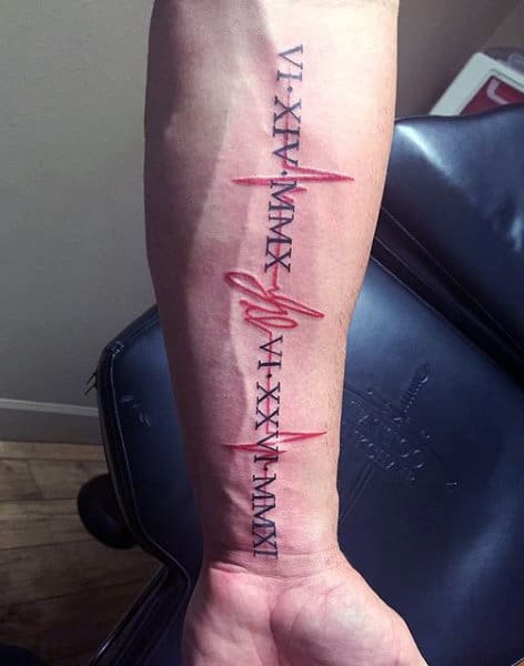 Men Forearms Red Heartbeat With Roman Number Tatoo