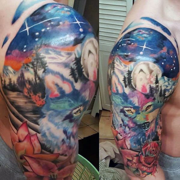 Men Gorgeous Watercolor Tattoo On Shoulder