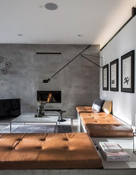 modern apartment living room with cement feature wall