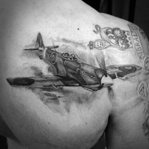 Men Shoulder Air Force Vintage Plane Tattoo Design Ideas