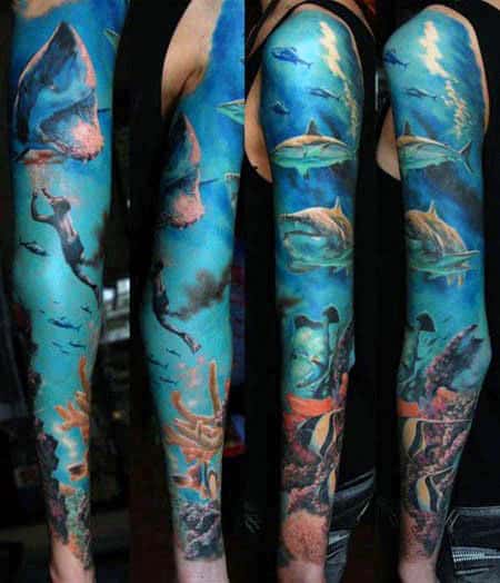 Men Tattoo Sharks Underwater Blue Sleeve