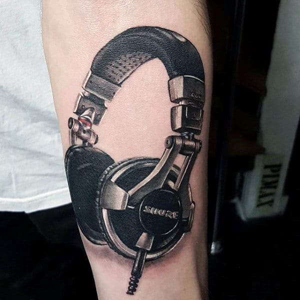Mens 3D Black Headphone Music Tattoos