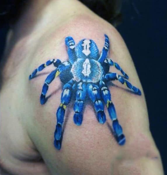 Mens 3D Blue Spider Tattoo On Shoulder