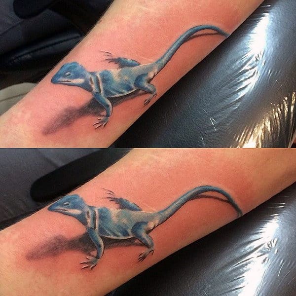 Mens 3D Ice Blue Colored Lizard Tattoo On Forearm