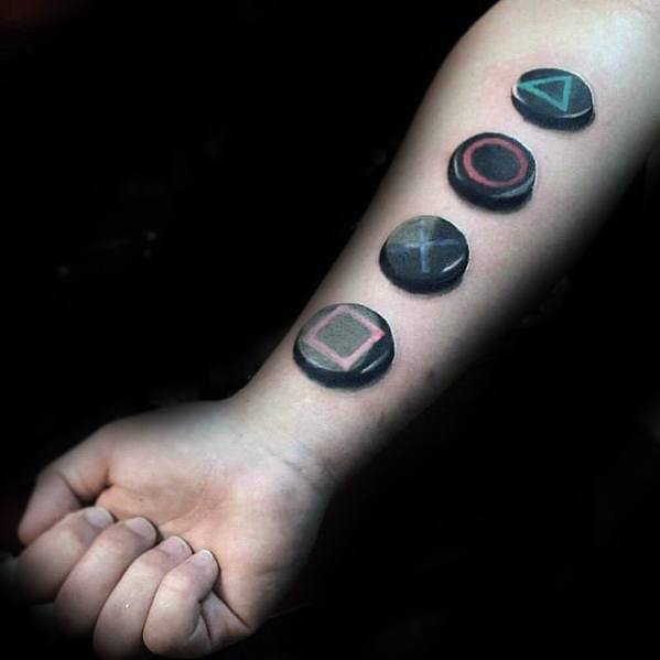 Mens 3d Buttons Inner Forearm Tattoo Playstation Design