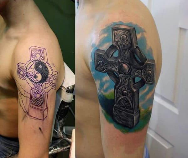Mens 3d Colorful Celtic Cross Upper Arm Quarter Sleeve Tattoo
