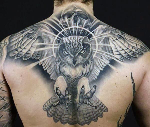 Mens 3d Flying Owl With Skull Upper Back Tattoos