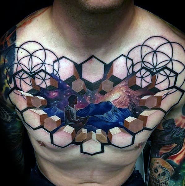 Mens 3d Geometric Outer Space Themed Big Upper Chest Tattoos