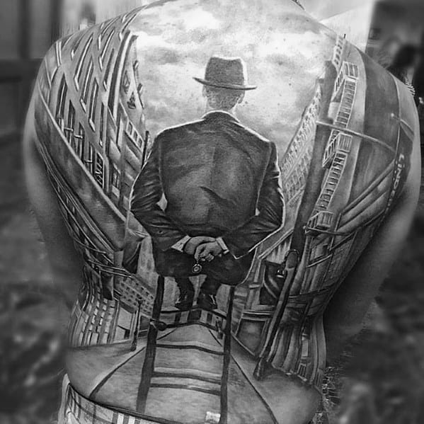 Mens 3d Hyper Realistic Back Man Sitting In A Chair With City Street Background Tattoo