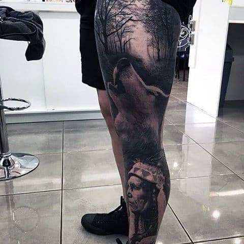 Mens 3d Leg Tattoo With Wolf Howling In Woods Design