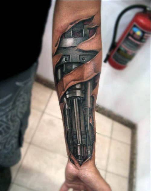 Mens 3d Mechanical Ripped Skin Tattoo On Forearm And Wrist