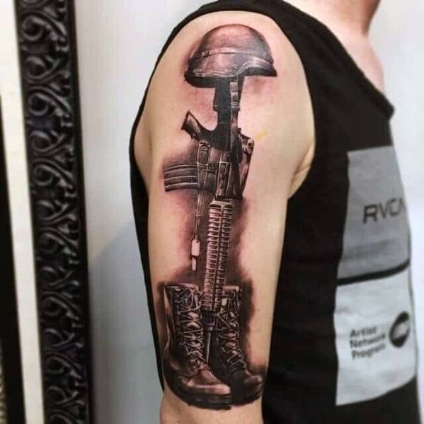 Mens 3d Realistic Fallen Soldiers Cross Arm Tattoo