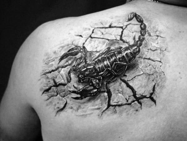 Mens 3d Scorpion On Cracked Desert Ground Shoulder Tattoo
