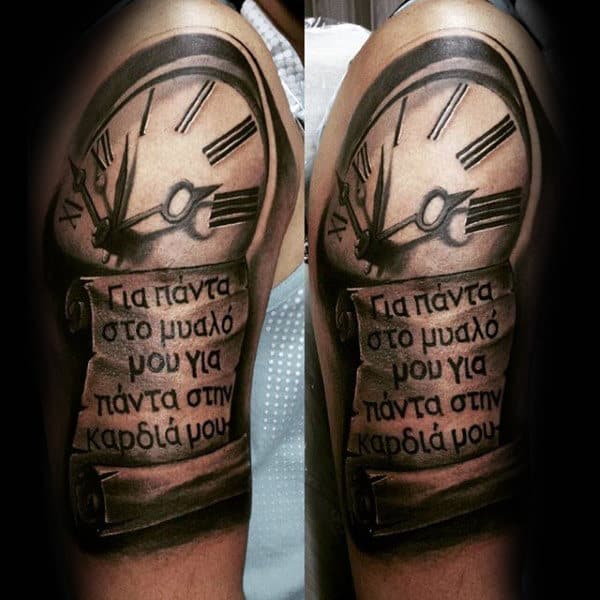 Mens 3d Scroll With Roman Numeral Clock Tattoo On Arm