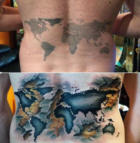 Mens 3d World Map Amazing Back Tattoos