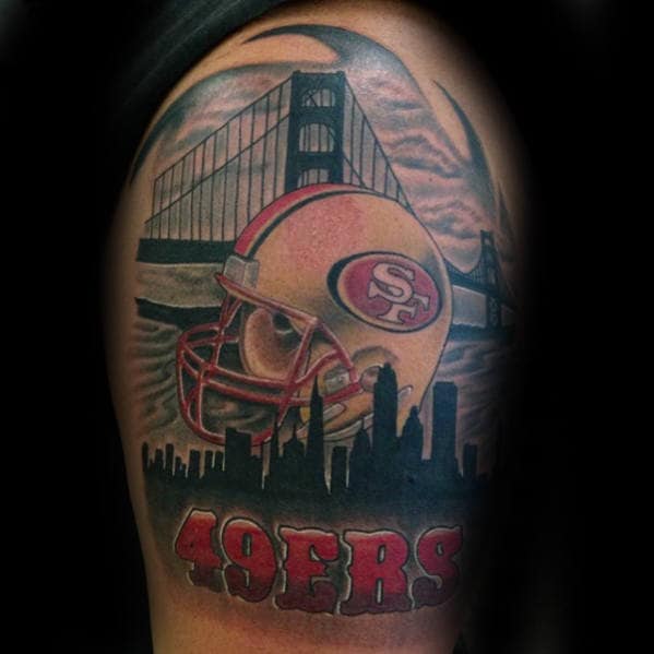 Mens 49ers Helmet Golden Gate Bridge Quarter Sleeve Tattoo.
