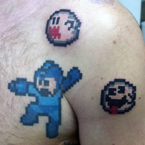 Mens 8 Bit Video Game Themed Shoulder Tattoos