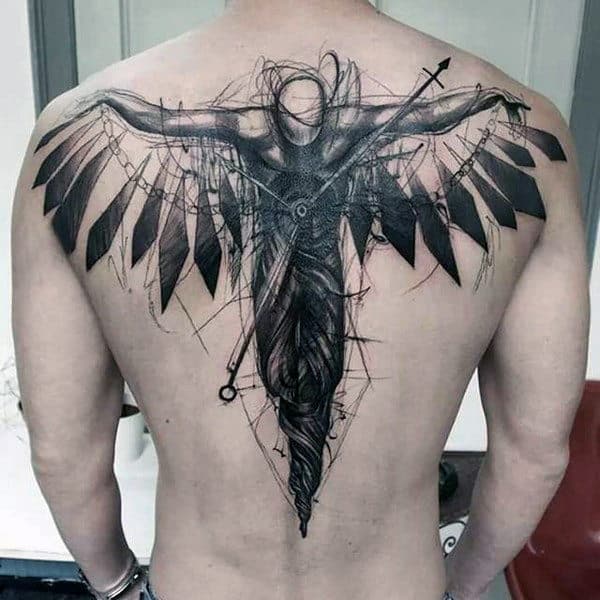 Mens Abstract Art Tattoo Of Angel On Back