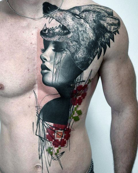 Mens Abstract Female Portrait With Wolf Big Half Chest Tattoos