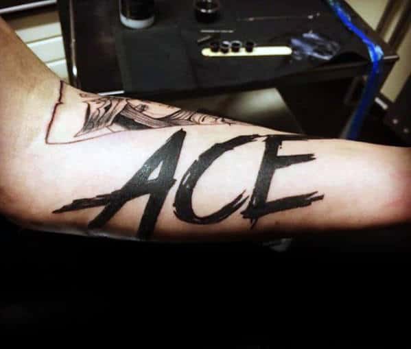 Mens Ace Paint Brush Stroke Name Forearm Tattoo Designs