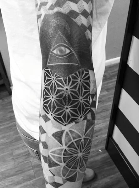 Mens All Seeing Eye Elbow Tattoo With Geometric Shapes
