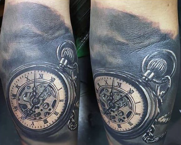 Mens Amazing Pocket Watch Tattoo On Knees