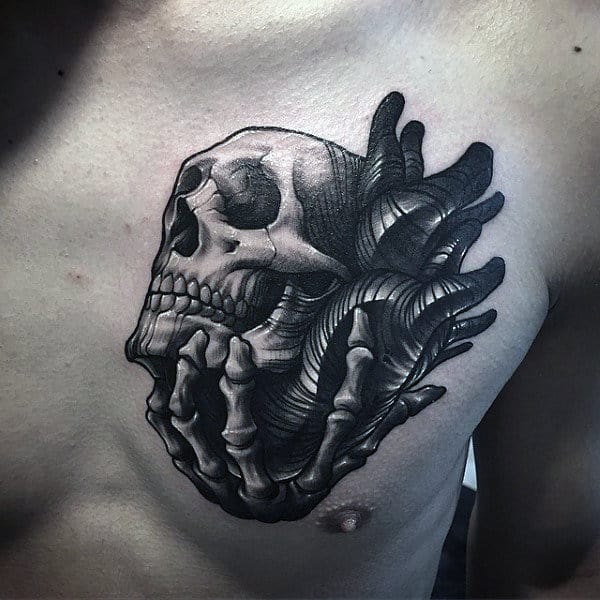 Mens Amazing Skull With Heart And Skeleton Hand Chest Tattoo