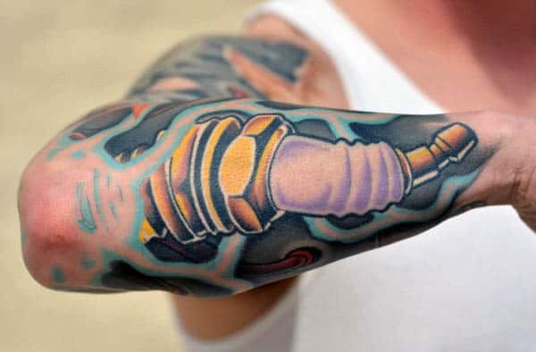 Spark Plug Tattoo On Right Half Sleeve by Nissen