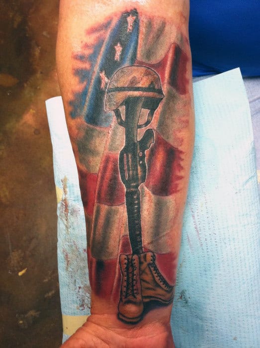 Mens American Flag Fallen Soldiers Cross Mens Inner Forearm Tattoo