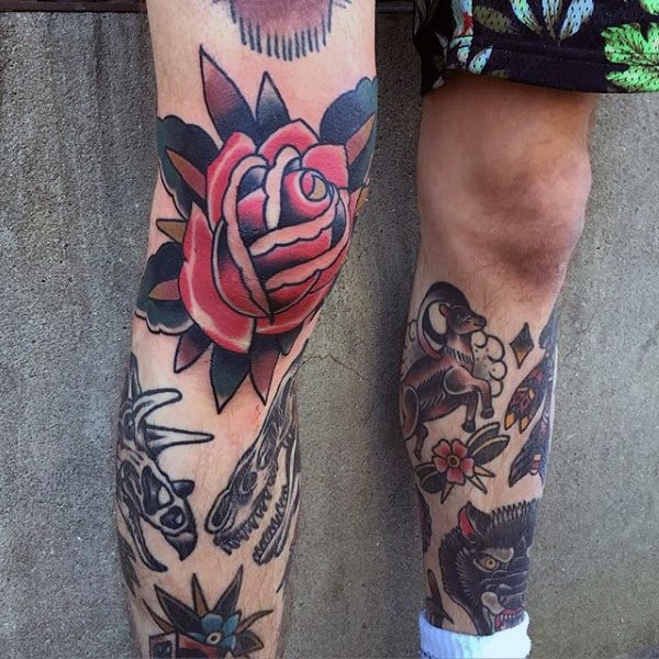 Mens American Traditional Rose Flower Knee Tattoos